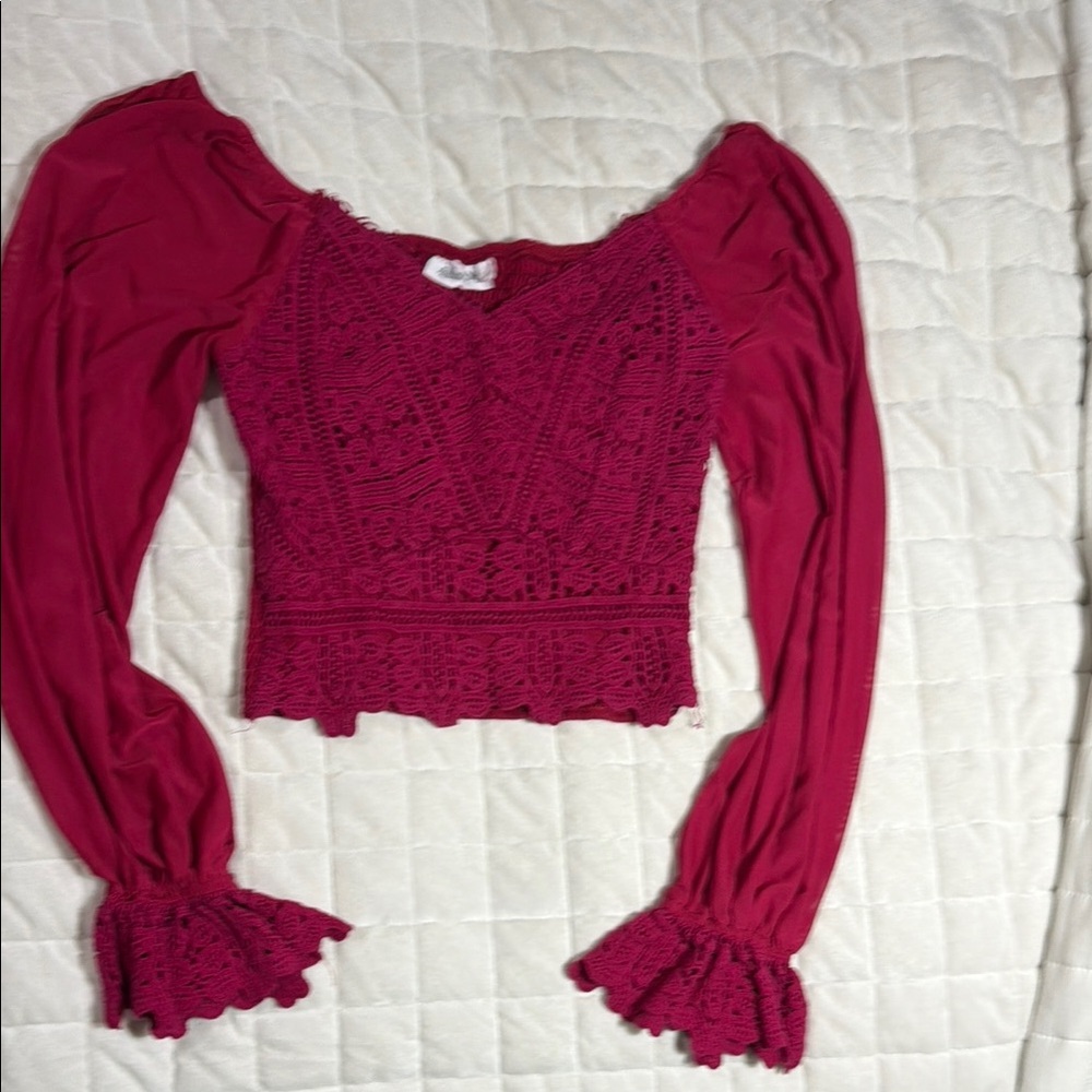 Women’s Long-Sleeve Crochet Lace Crop Top - Raspberry